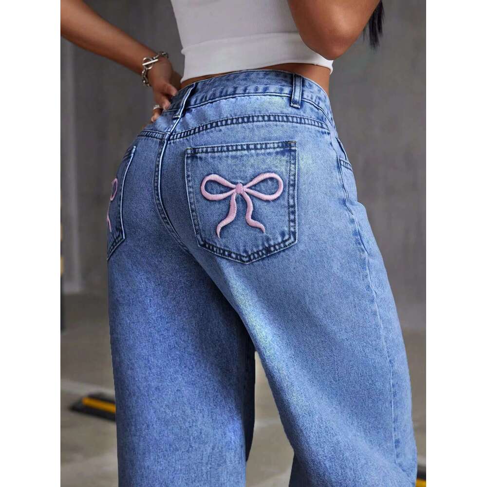 DHessentials Fashionable Women's Mid - Waist Straight - Leg Blue Denim Pants