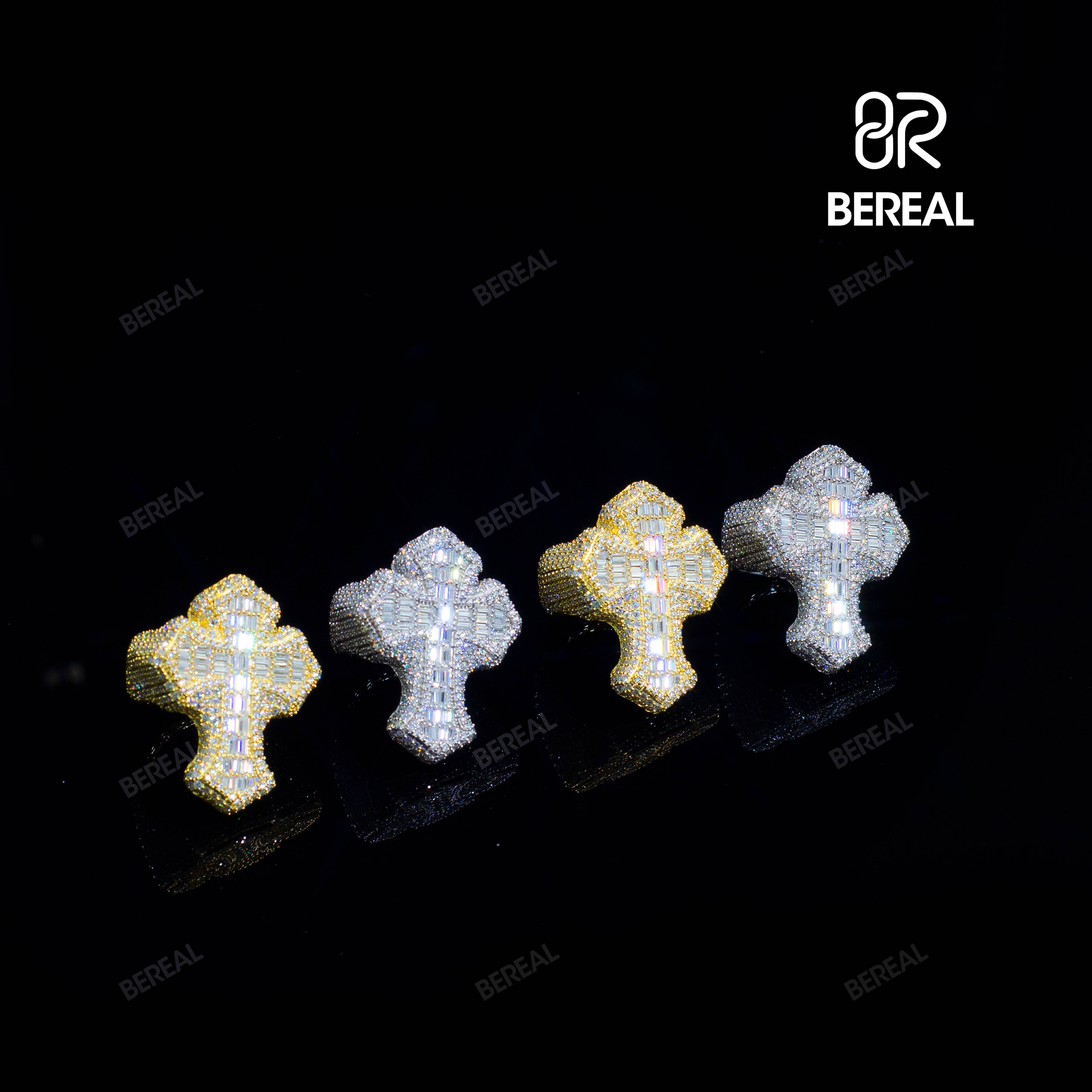 Hot Selling Cross Shape Vvs Moissanite Hip Hop Ring Iced Out Baguette Cut Moissanite 925 Silver Rings Fine Jewelry