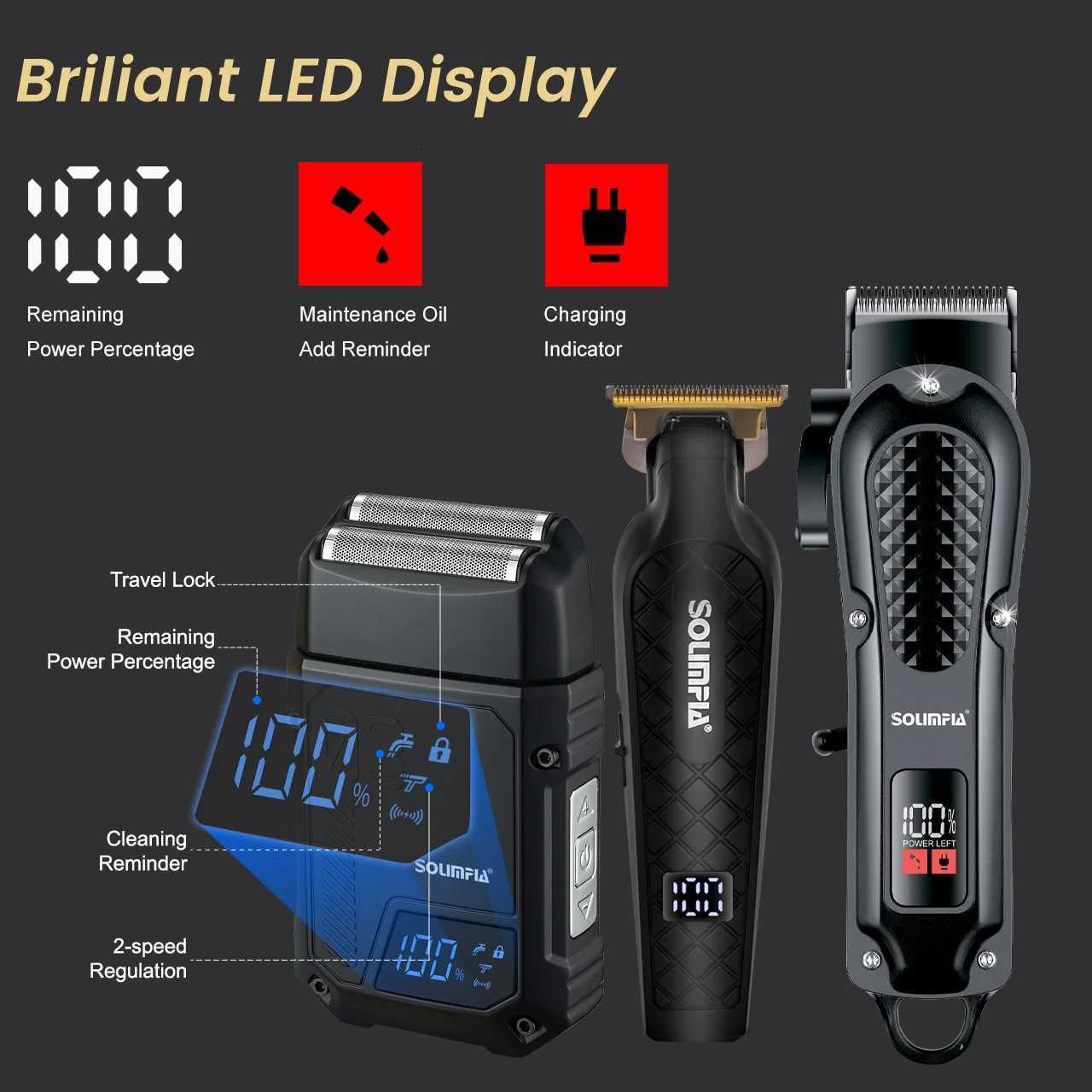 Solimpia Professional Hair Clipper 3-piece Set for Men Rechargeable Cordless Barber Clippers for Wet/Dry Hair Cutting W251122