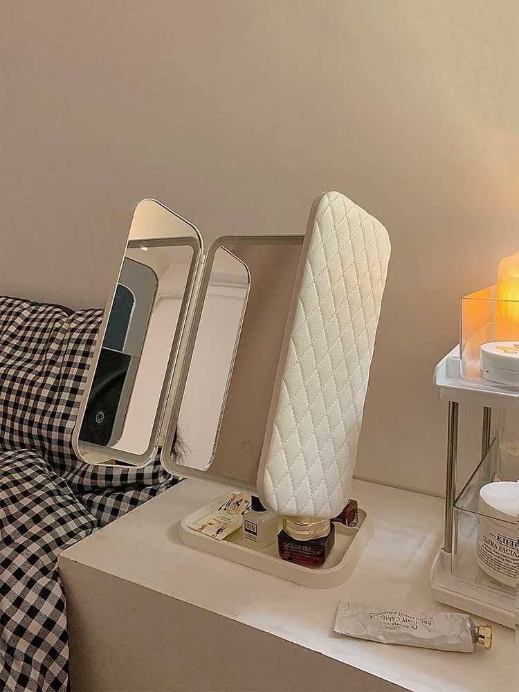 Shell double door LED makeup mirror with light storage box integrated desktop folding adjustable mirror for students M251122