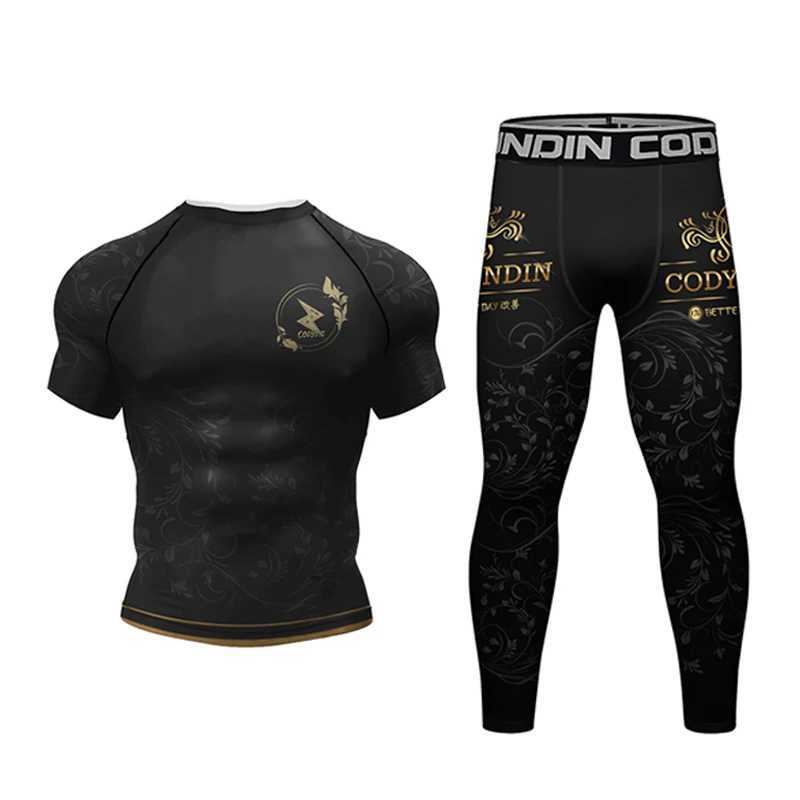 Mens track and field uniform MMA Rashguard Jiu Jitsu T-shirt+pants set fitness boxing jersey BJJ Muay Thai shorts gym Rashguard sportswear W250422