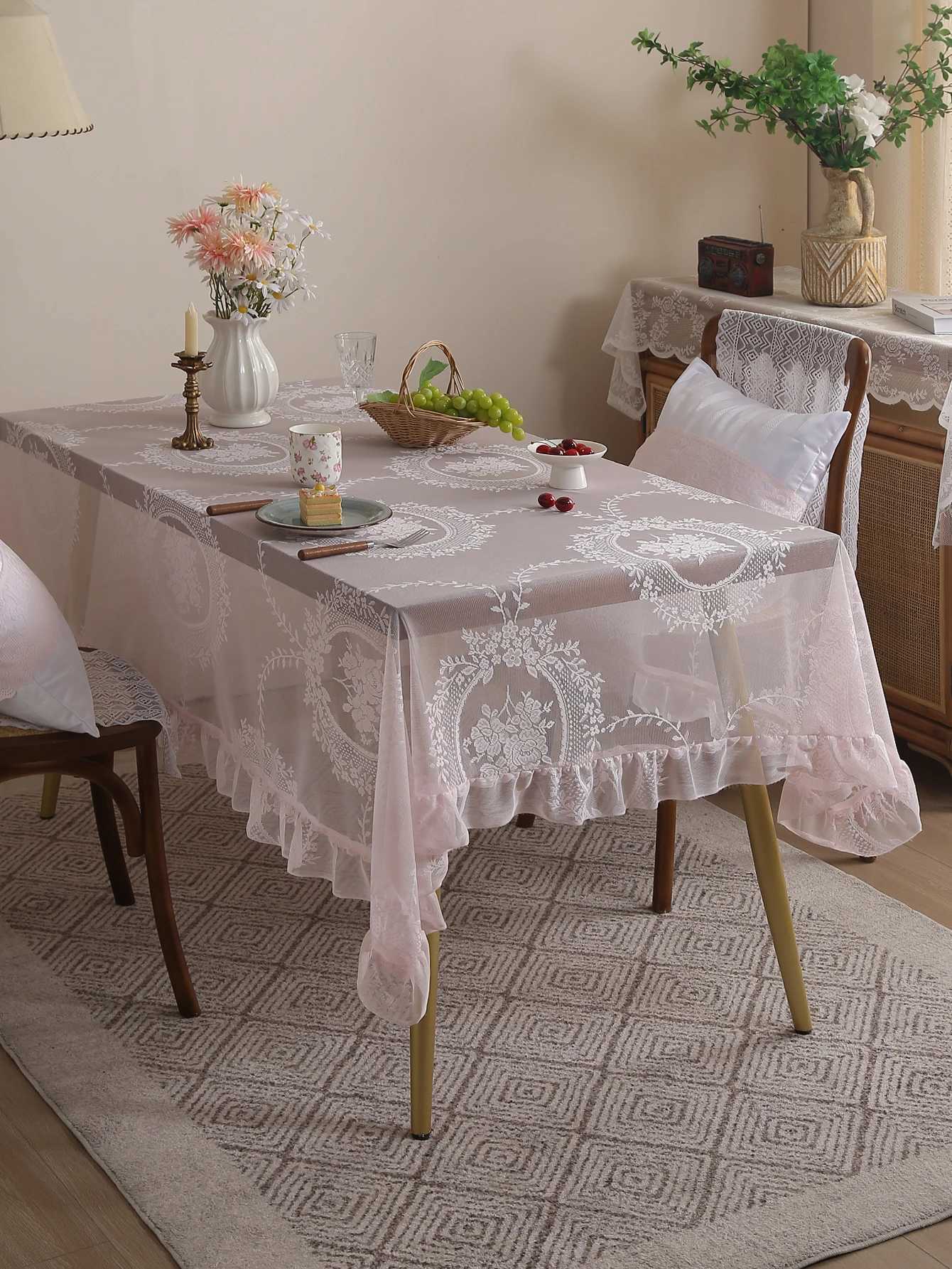 Rustic Pink Mirror Flower Lace Tablecloth Living Room Bedroom Dining Table Tablecloth Wedding Festival Home Table Decoration C251122