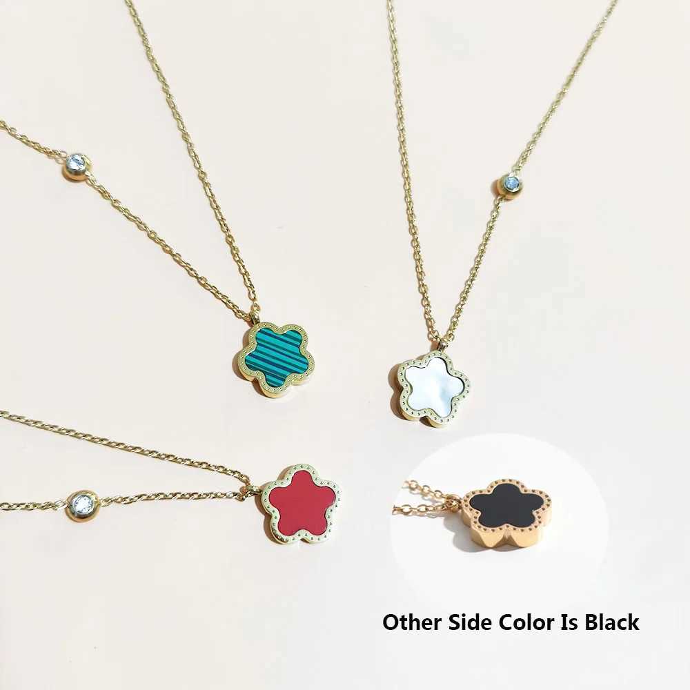 StainlESS Steel 18K Gold Plated Five Black White Green Red Double Side Color Flower Pendant Necklace For Women Jewelry J251122