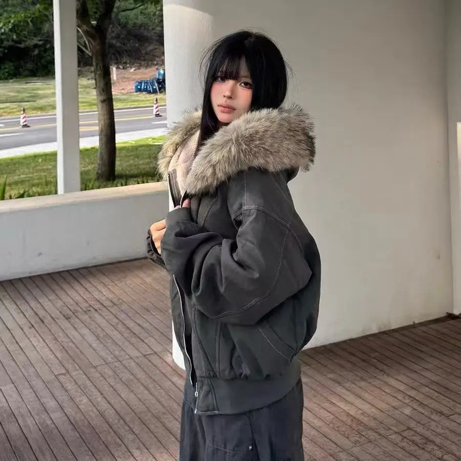 Vintage Condor Fur Hood Coat American Retro Short Parka for Petite Women Campus Style Thickened Hooded Jacket Y2K Winter War 251110