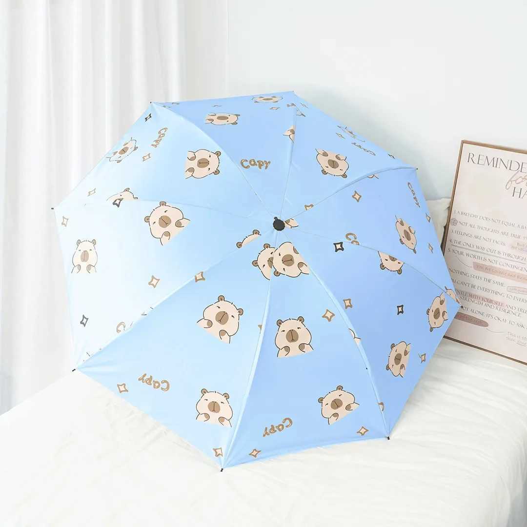 Cute Capybara Patterned Umbrella Compact Travel-Friendly Sun Rain Shield UPF50 Plastic Folding Parasol with Anti-UV CoatingM251122