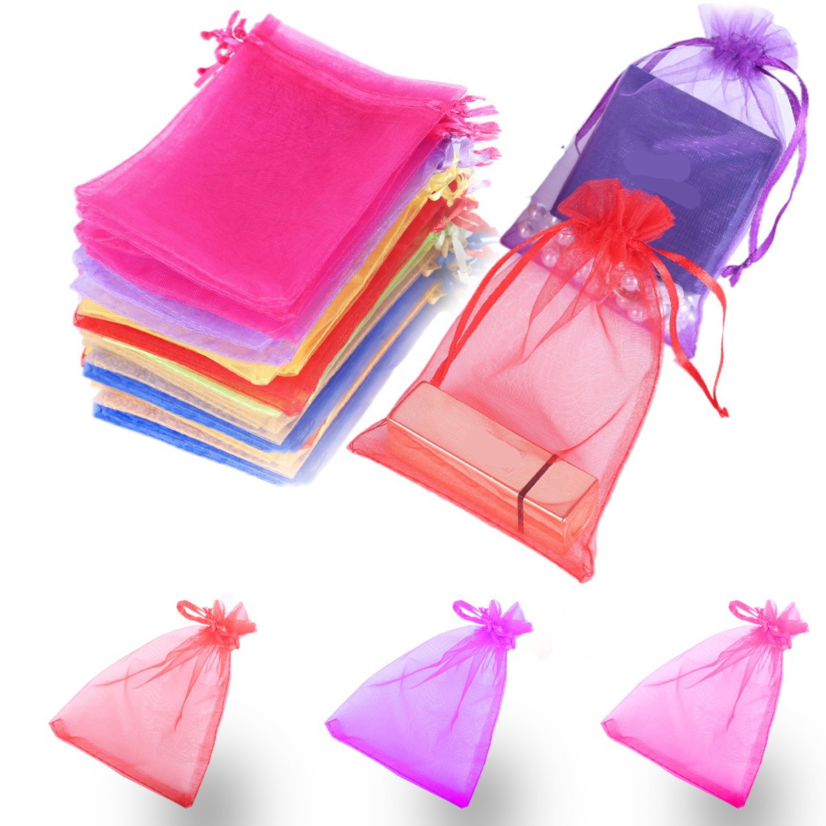 Elegant Pearled Organza Pouches with String Tie Closure Perfect for Weddings and Party Favors