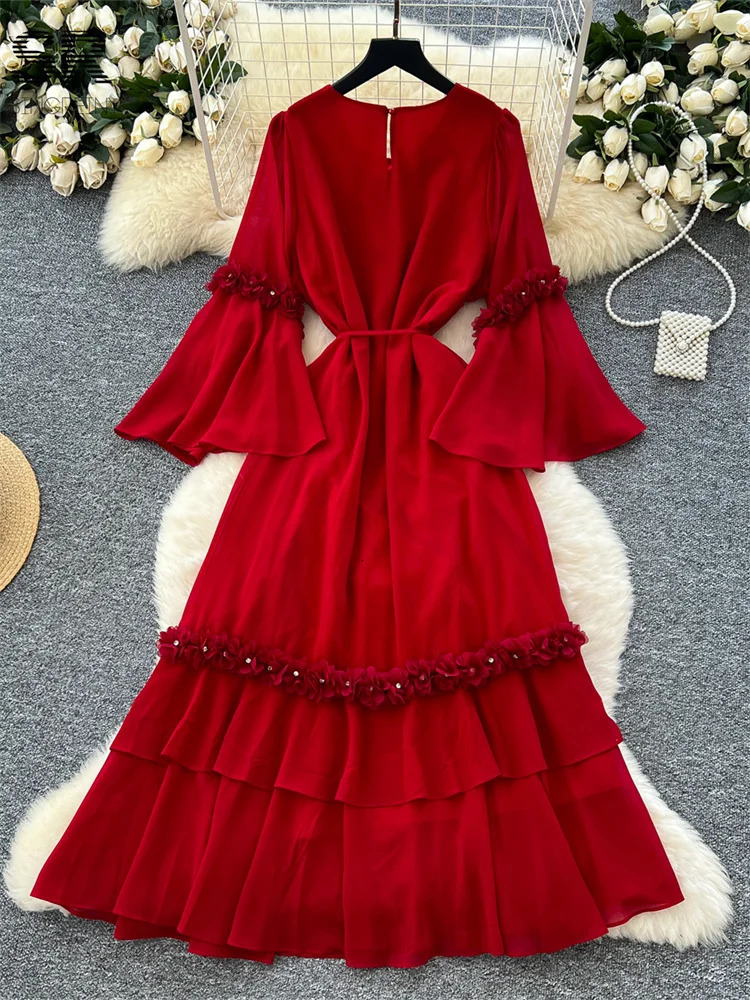 SINGREENY Elegant Beaded Party Long Dress with Sparkling Sleeves Lace Up n Button Solid High Quality 3D Flower Womens 250422