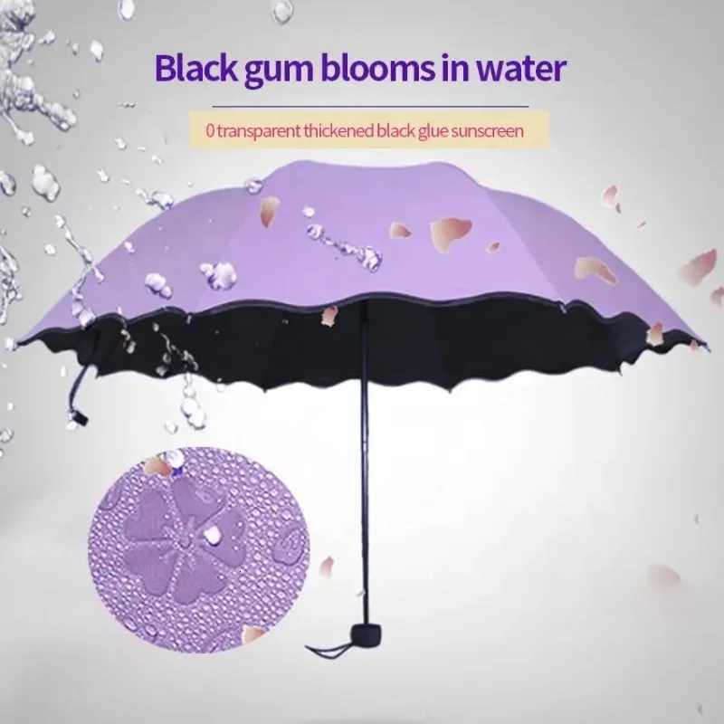 Encountering Water Flowering Umbrellas Handheld Parasol Frame Rain Travel Umbrella 3 Fold UV Protect Color Changing UmbrellaM251122