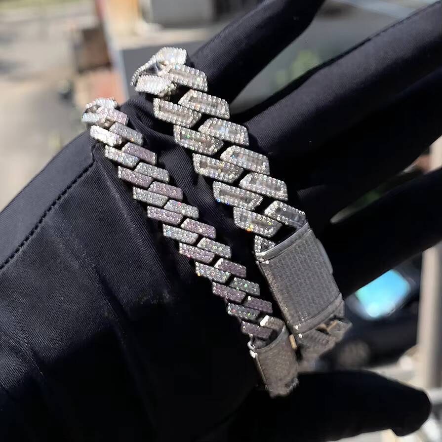 Custom Cuban Bracelet S925 Silver Gold Plated Bagutte Moissanite 15mm Cuban Link Bracelet