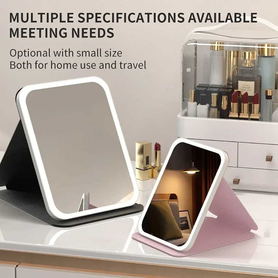 Fold LED Dimmable Makeup Mirror 3 Colors Light Adjustable Brightness USB Charging Fold Mirror Tabletop Vanity Mirror for Travel M251122
