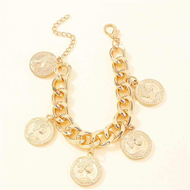 Fashion Stainless Steel Portrait Coin Pendant Bracelet Bangels for Women Wide Cuban Chain Charm Jewelry Gift Wholesale 241225
