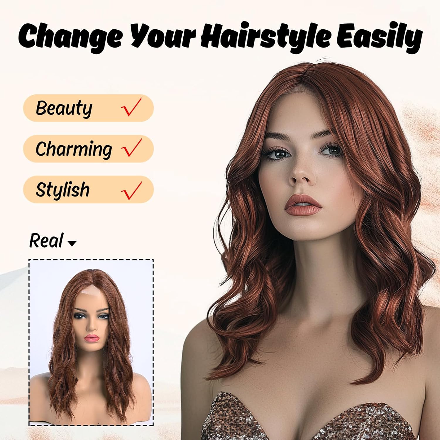 Medium Length Dark Auburn Wavy Wigs for Women 45 cm Middle Part Wavy Wig Natural Looking Synthetic Heat Resistant Fiber Hair for Daily Party Use (18 i