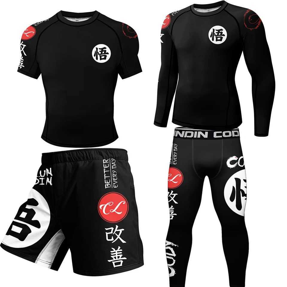 New Rashguard Jujutsu Mens MMA T-shirt+Pant 4PCS/Set Brazilian Grab Bjj Boxing Sports Compression Clothing MMA Shorts W250422