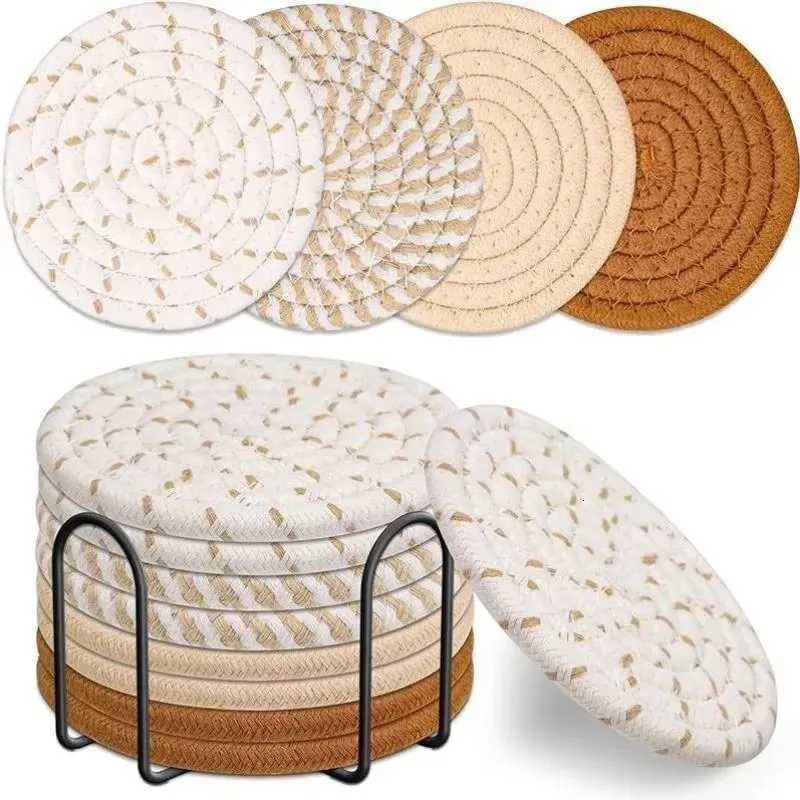 Concise Style Cotton Rope Woven Placemat Household Thick Insulated Coaster Hand Woven Cotton Linen Coaster With Storage Rack C251122