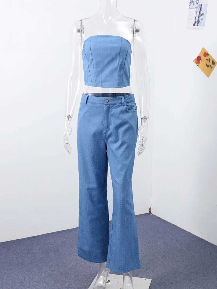 Sexy sequined denim vest pants set for womens Y2K solid sleeveless crop top waist zipper jeans 2025 fashionable street party setXJ250421