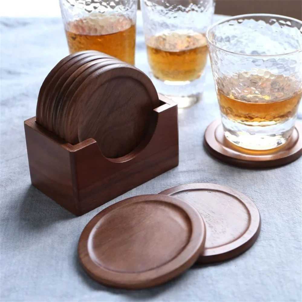 6pcs/set Walnut Wood Coasters Placemats Decorative Round Insulated Japanese Beverage Coasters Home Decor C251122