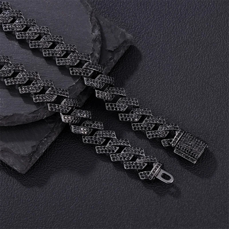 D Z Hip Hop Black Color 15MM Cuban Link Chain 2 Row Black Iced Out Rhinestones Rapper Necklaces For Men Women Choker Jewelry 250420