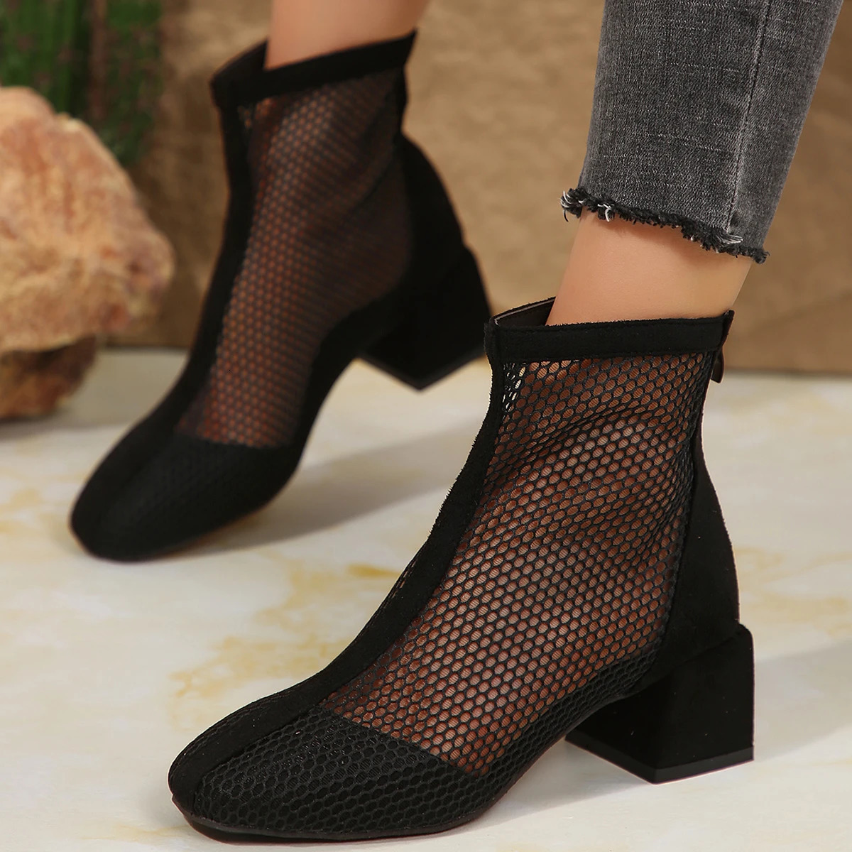 Womens Sandals 2024 Summer Air Mesh Net Bling Women Shoes Ankle Boots Thin High Heels Sexy Sandal Chelsea Sandals Female250418bj