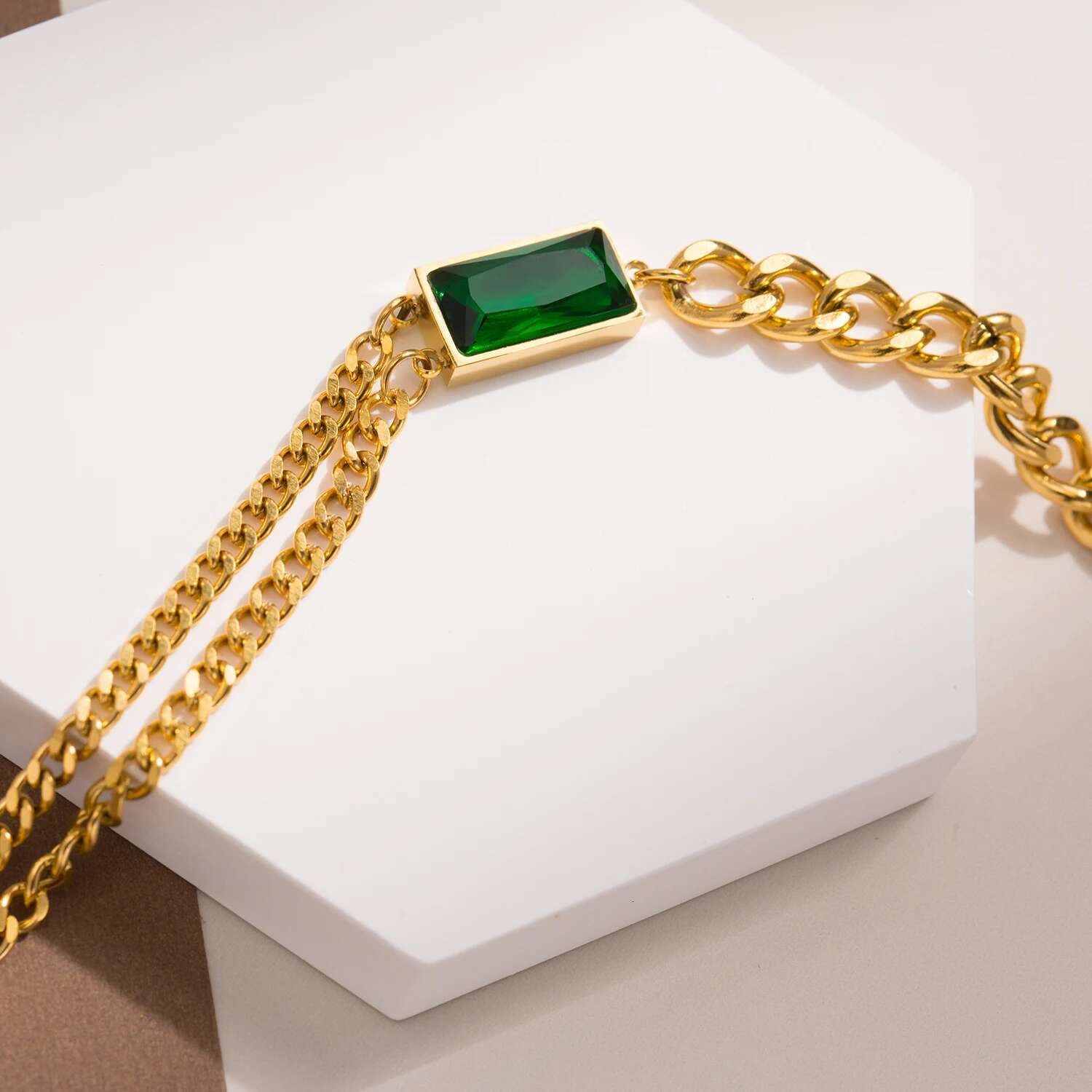 Classic Emerald Asymmetric Chain Women Stainless Steel Necklace for Daily Wear Jewelry