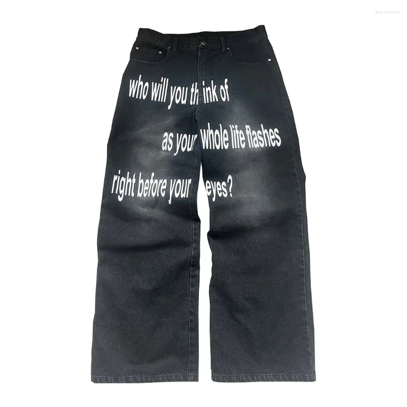 Mens Jeans American Y2K Hip Hop Printing Straight Men Street Casual Loose Oversized Mopping Wide-leg Pants Couple