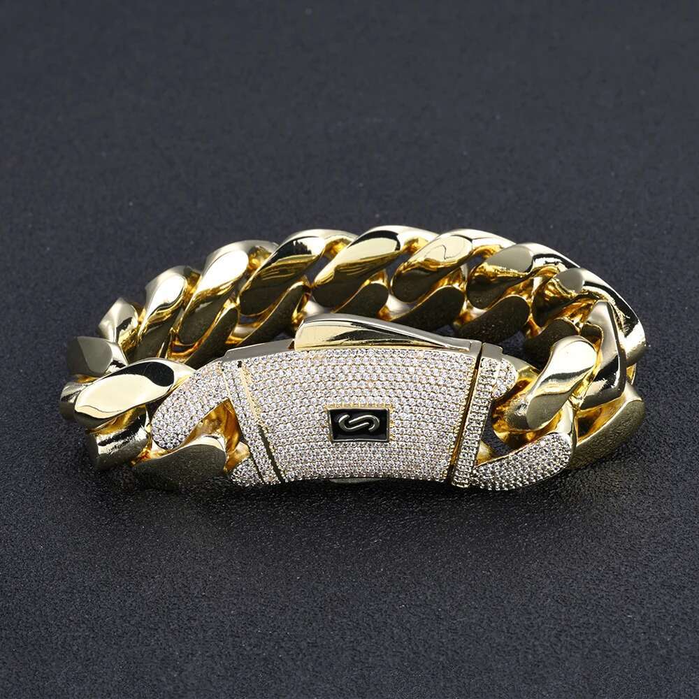 ESKEEM 14K Gold Plated Thick Solid Monaco Bracelet Hip Hop Jewelry Iced Diamond Clasp Flat Miami Cuban Bracelet Chrismas Gift