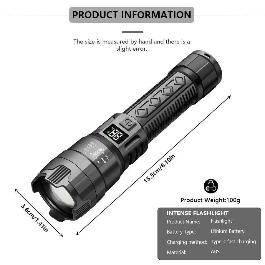 High Strong Power Led Flashlights 2000LM Tactical Torch with Display Light Rechargeable Camping Fishing Emergency Zoom Lantern C251122