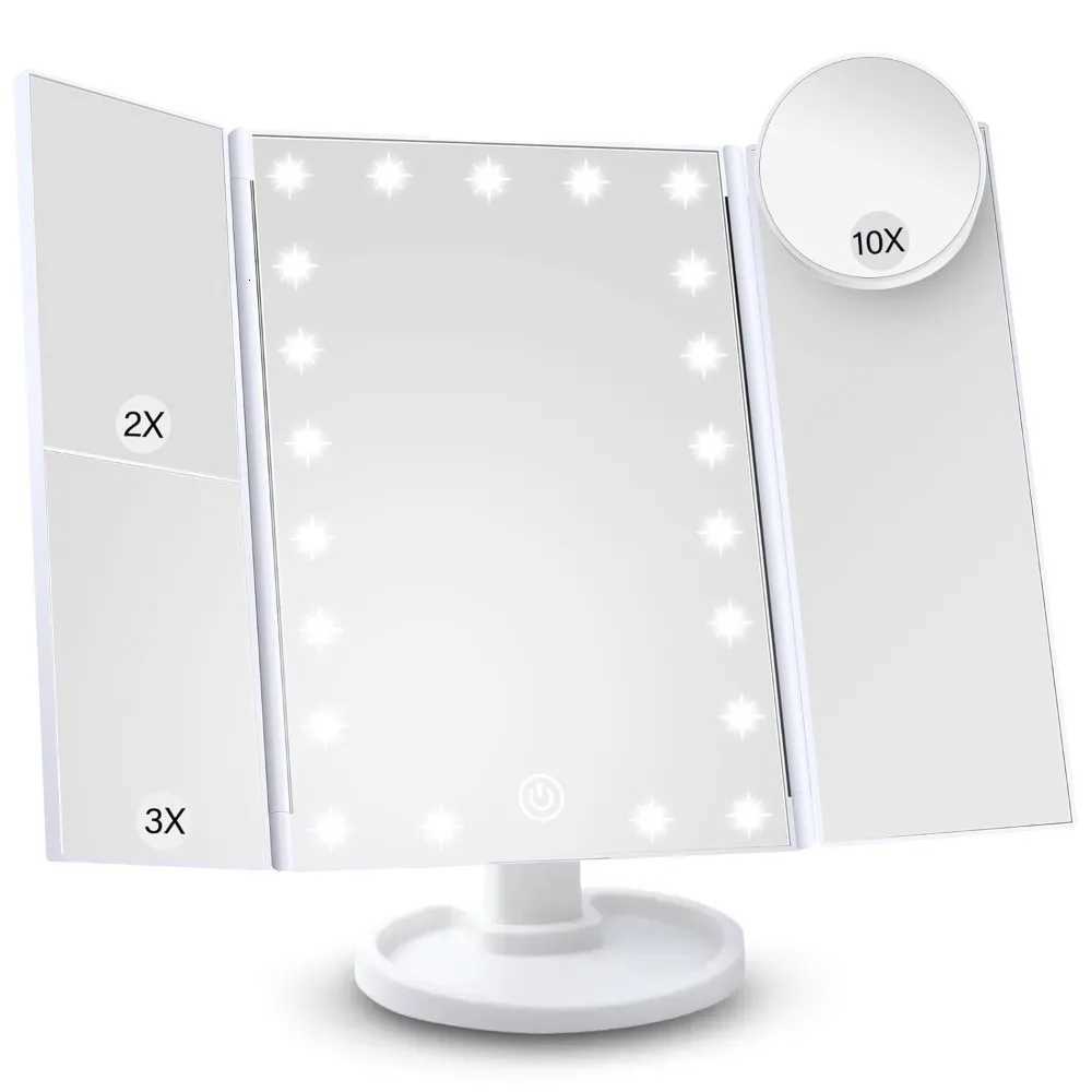 Vanity Makeup Mirror with Light 2X/3X/10X Magnification Lighted Cosmetic Mirror Touch Control Trifold Dual Power Supply Portable M251122