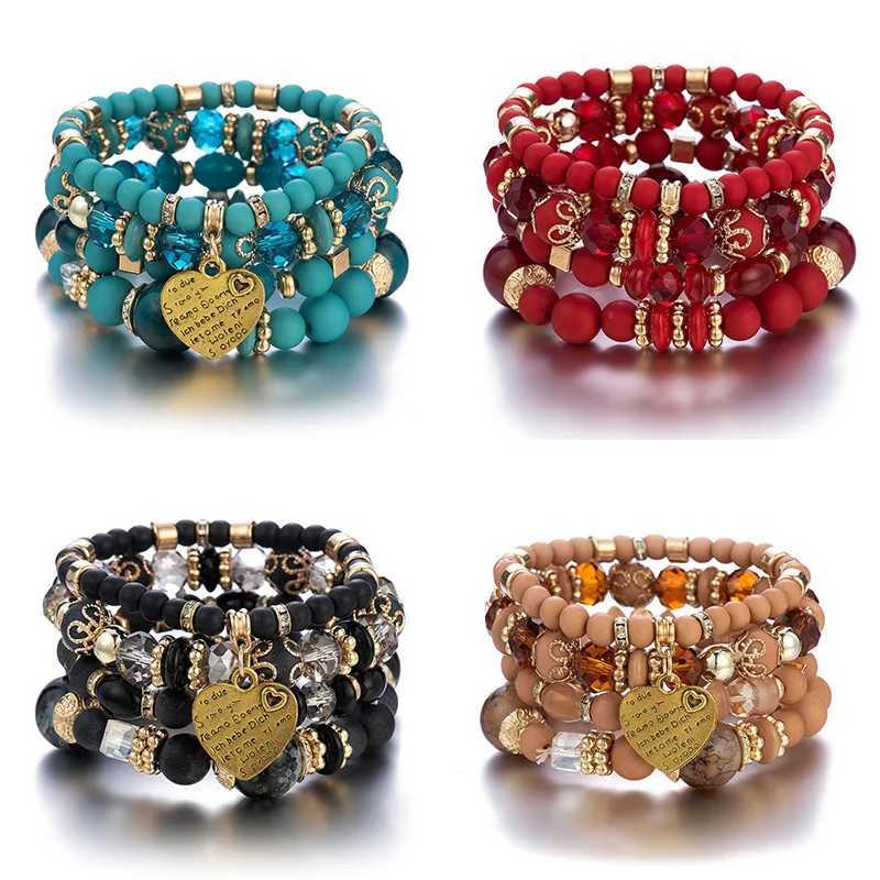 4Pcs Boho Crystal Beads Chain Bracelet Set For Women Vintage Heart Charm Elastic Bangle Female Fashion Party Jewelry J251122