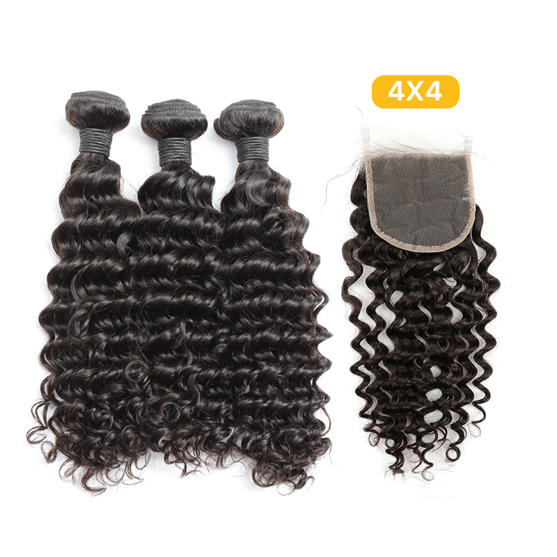 Brazilian Hair Deep Wave Curly Hair 3 Bundles With Closure Sew In Natural Black Weave Black Extensions Bella Hair 4PCS/Lot Less Shedding and Tangling 