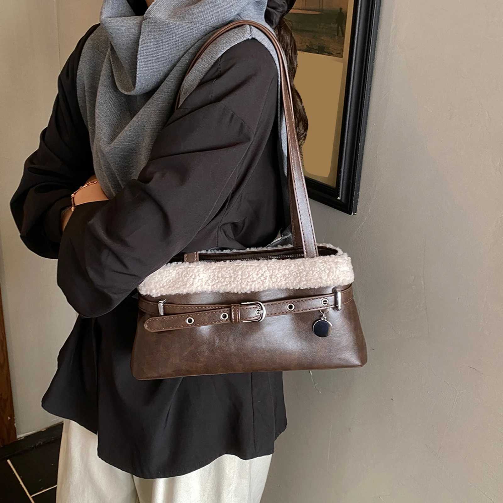 Women PU Lambswool StiTChing Vintage Shoulder Bag with Belt Small SaTChel Tote Bag Hobo Bag for Daily School Travel K251121