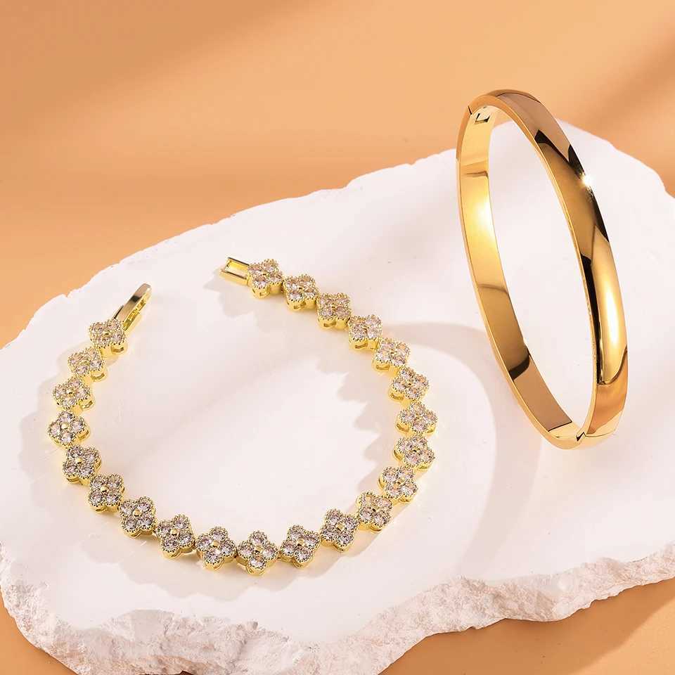 2PCS Colorful Shiny Zircon Five-leaf Flower Stacked Bracelet Bangles for Women High Quality 18K Gold-plated Stainless Steel J251122