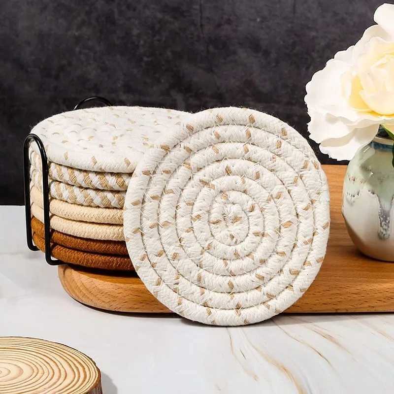 Concise Style Cotton Rope Woven Placemat Household Thick Insulated Coaster Hand Woven Cotton Linen Coaster With Storage Rack C251122