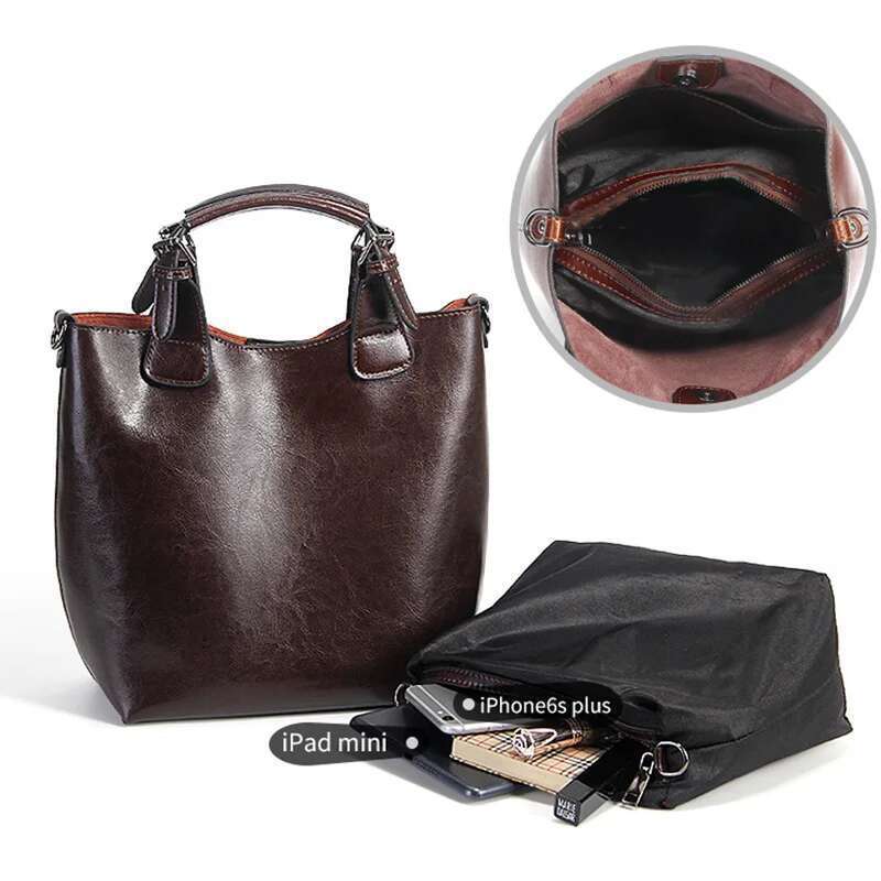 Zency Genuine Leather Handbag Retro Coffee Women Casual Tote Bucket Bag Classic Black Lady Crossbody Messenger Purse Brown Bag