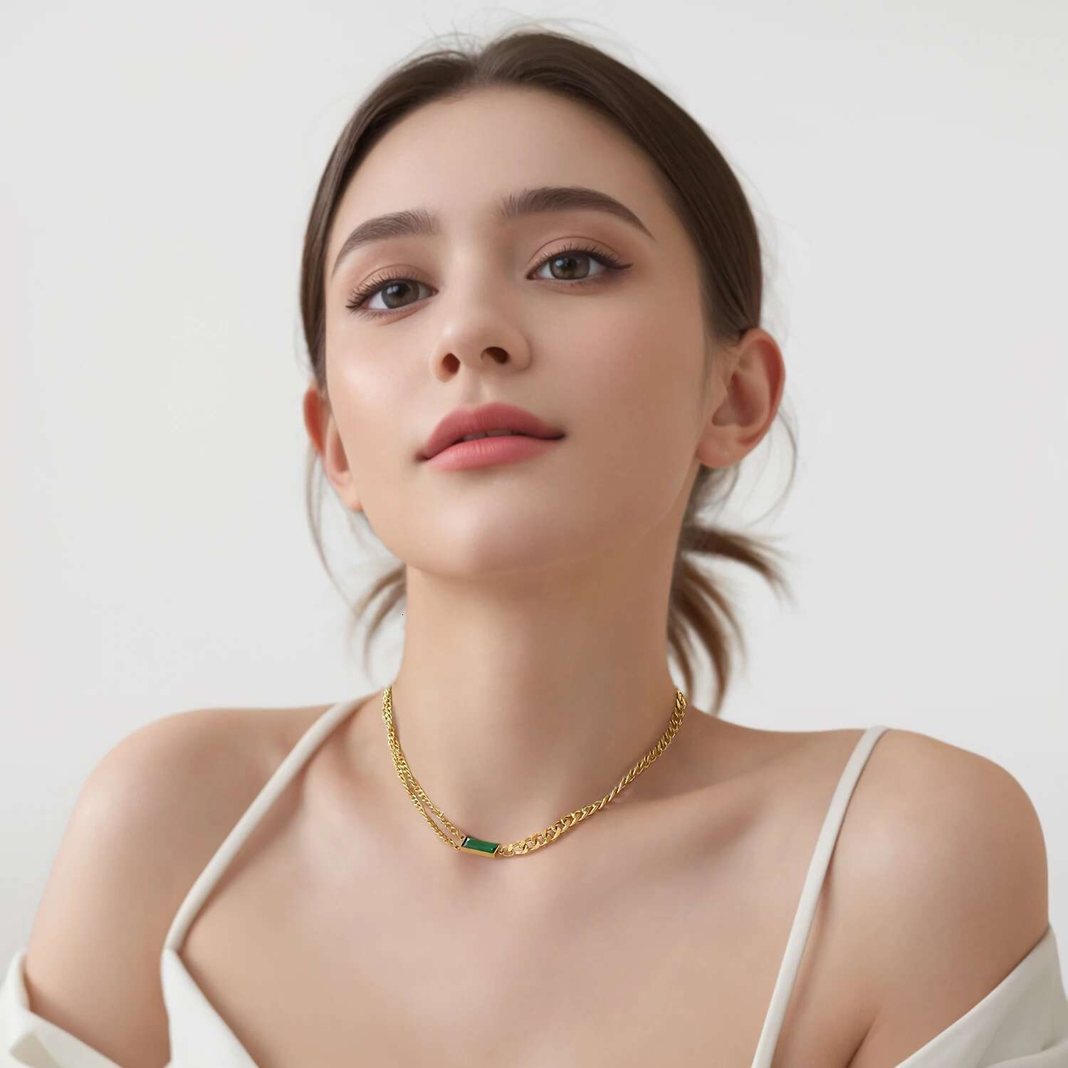 Classic Emerald Asymmetric Chain Women Stainless Steel Necklace for Daily Wear Jewelry