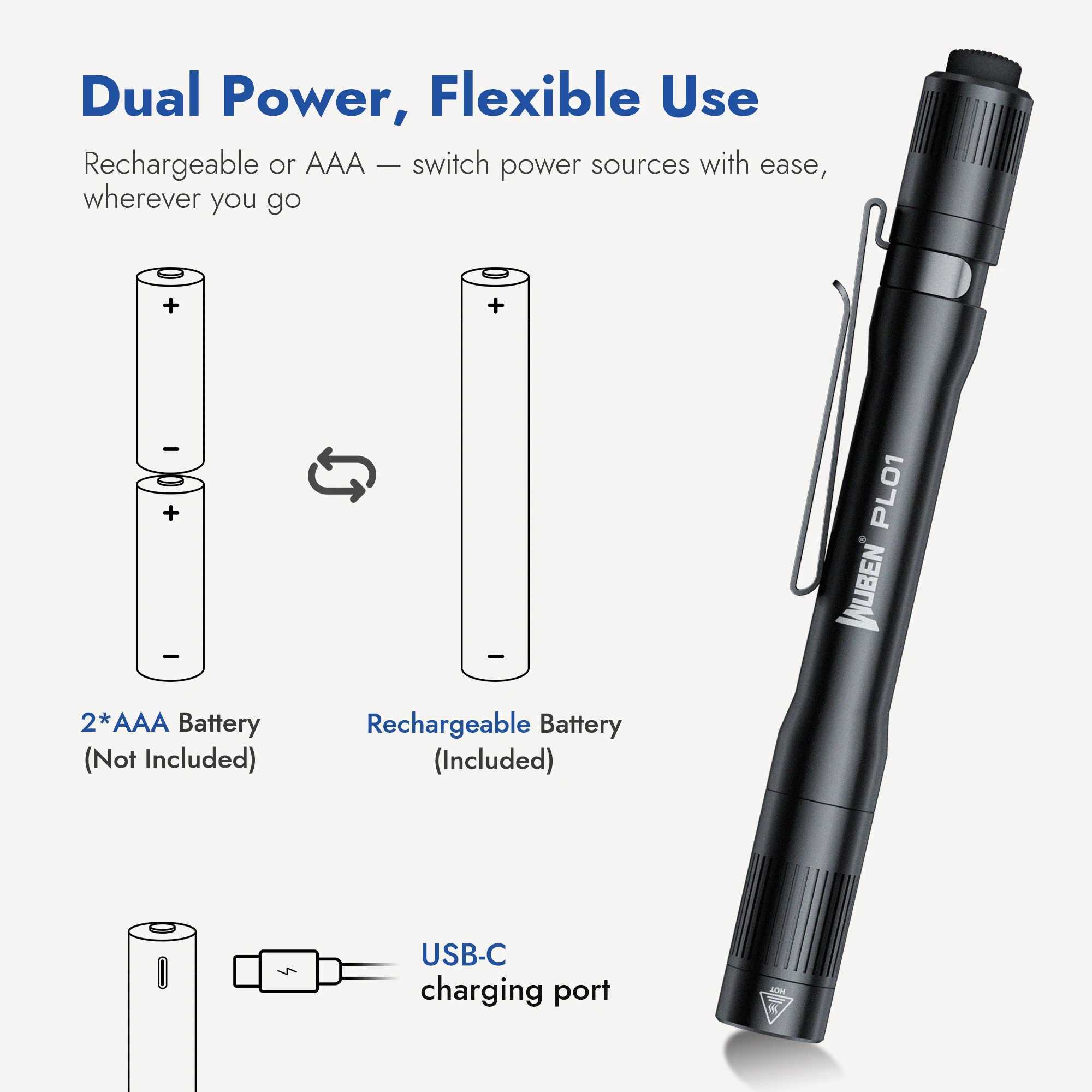 WUBEN PL01 Pen Light 650 Lumens Pocket EDC Flashlight Rechargeable IP68 waterproof Compatible 2 AAA Battery for Home Outdoor C251122