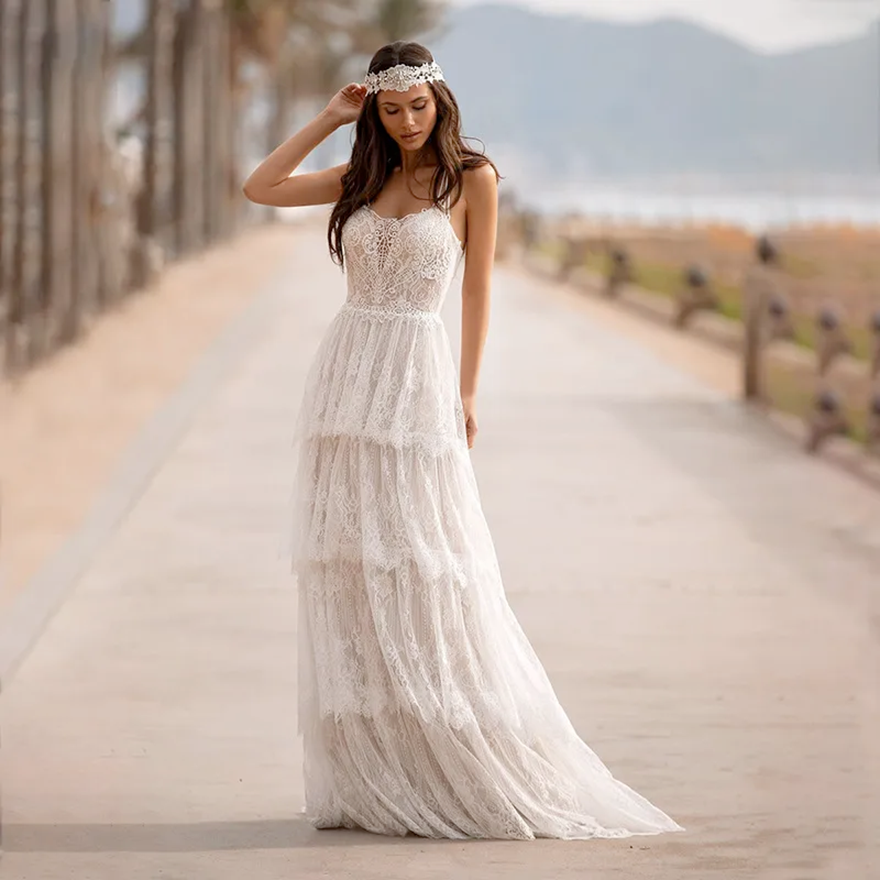 Boho Lace Wedding Dress 2026 Bridal Gown A-line Halter Straps Back Tiered Summer Vestidos De Noiva Custom Made ZA4068
