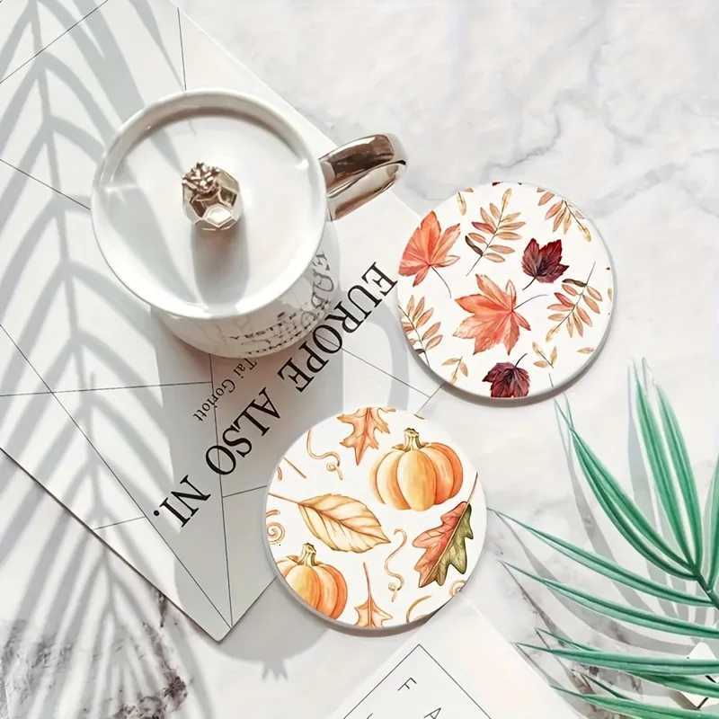 6/12pcs 4in Golden Pumpkin Leaf Colour Printing Wooden Coasters Anti-slip Round Autumn Home Cafe Bar Halloween Decoration Gift C251122