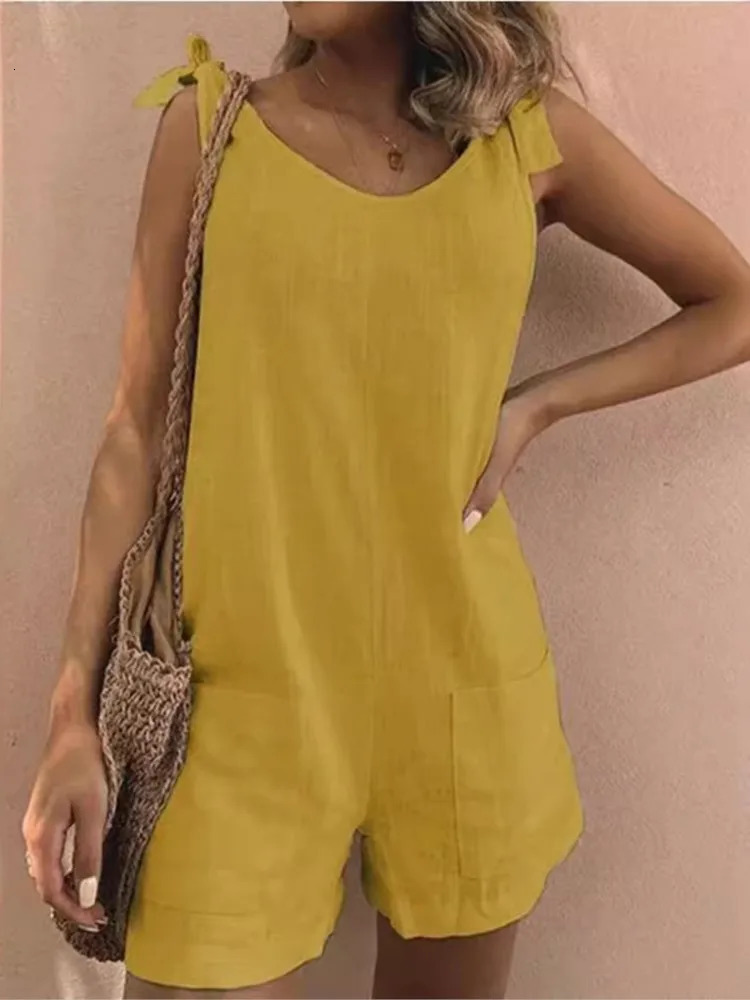 Summer Solid Cotton Linen Playsuits Casual Loose Women Jumpsuits Fashion Lace -up O Neck Sleeveless Pocket Romper Female 250421