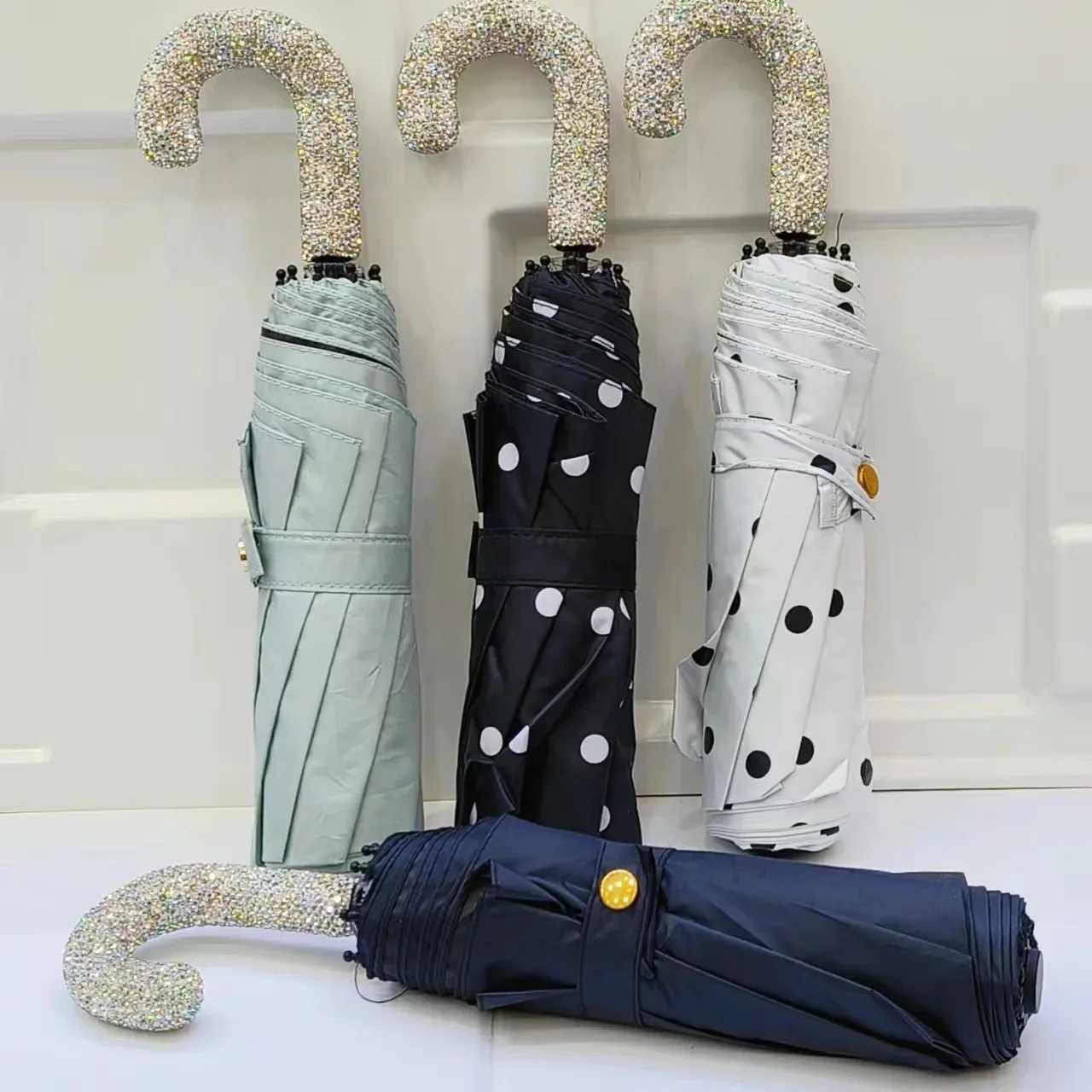 Portable Umbrella Automatic Folding Hook Handle Sunshade Luxury Rhinestone UV Protection Rainproof Travel Umbrella Rain GearM251122