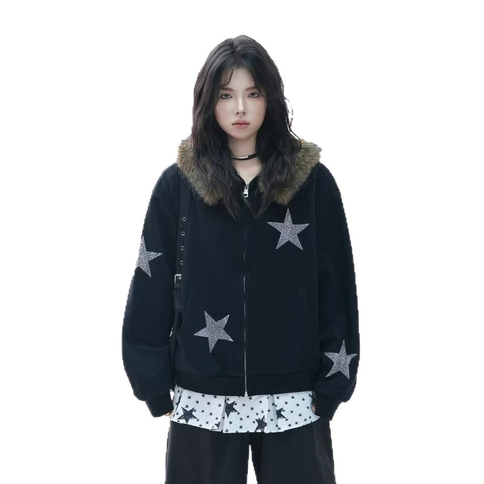 American Designer Retro Fur-Collar Star Print Hooded Jacket Women's Streetwear Trendy Niche Versatile Sweater Hoodie Faux Fur Coat