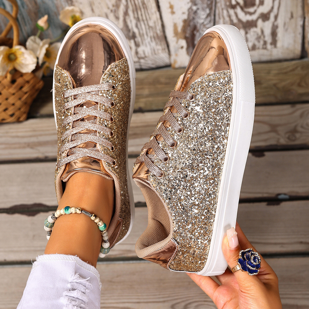 shoes women luxury 2025 Summer Plus Size Sneakers with Glitter, Western Style Front Lace-Up Solid Color Skate Shoes for Women
