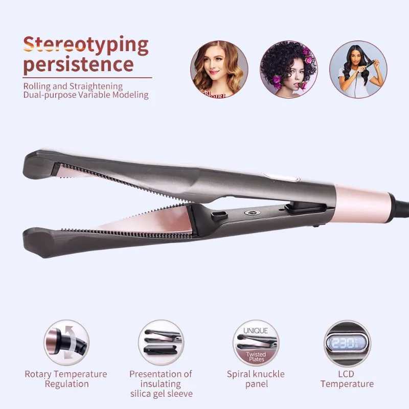 A02V- Tourmaline 3-In-1 Hair Styler-Curler Straightener Waver With LCD Display And Rotating Temperature Control EU PlugT251122