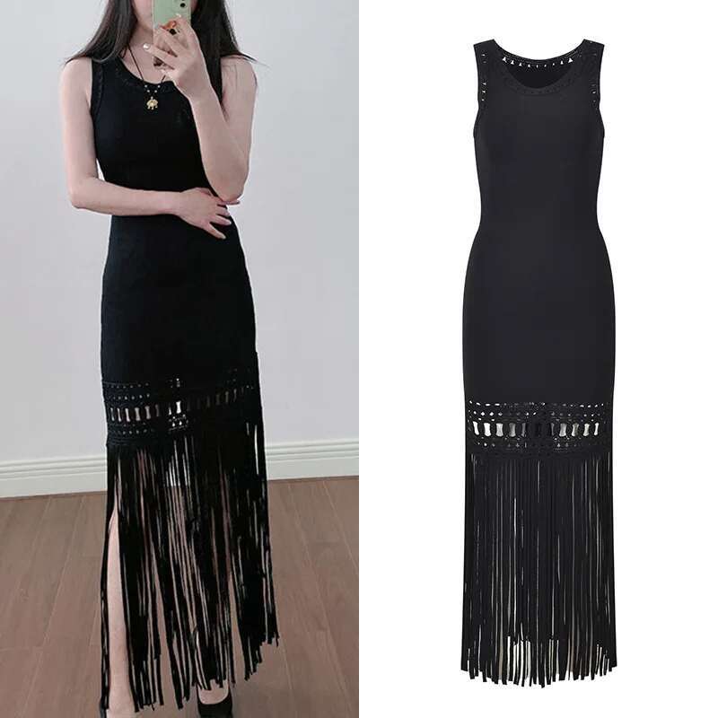 Black Fringe Knitted Dress New Arrival Sexy Bodycon Midi Dress with Hollow Out Design