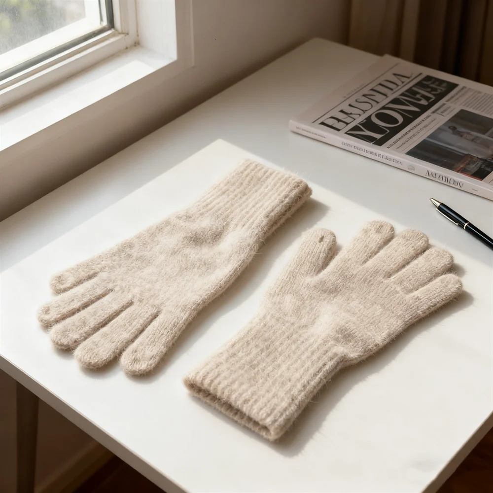 Rabbit Fur Long Fivefinger Gloves Winter Warm Dew Finger Touch Screen Solid Color Versatile Knitted 2758CM 251114