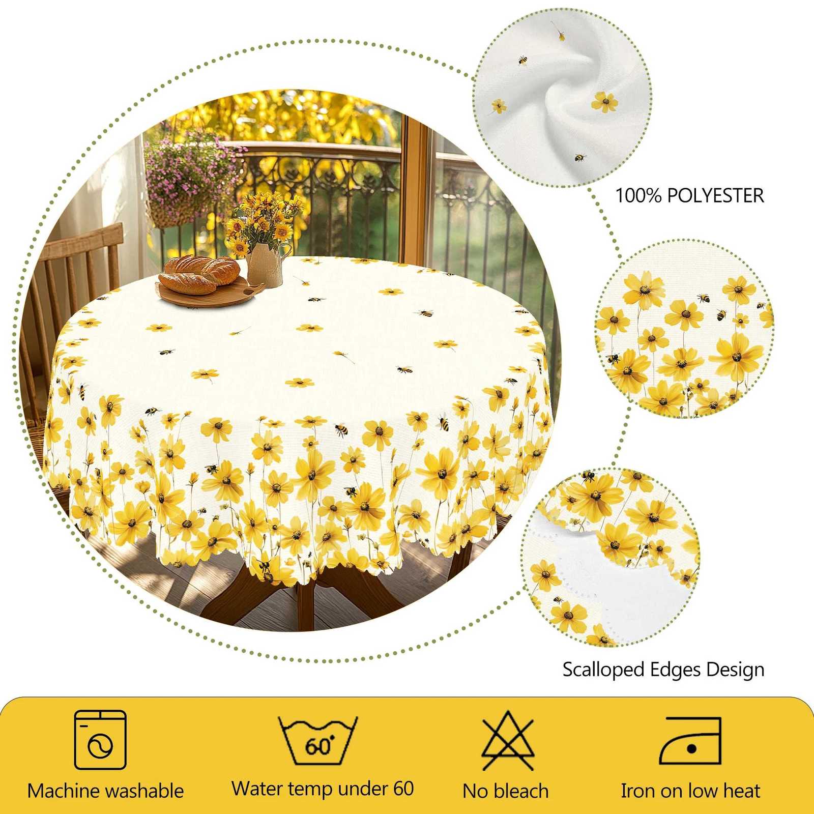 1 Piece of Spring and Summer FloralThemedR ounda ndR ectangularT ableclothsA vailablei nV ariousS izesY ellowD aisya ndB eeP atternP rintingD esignR C