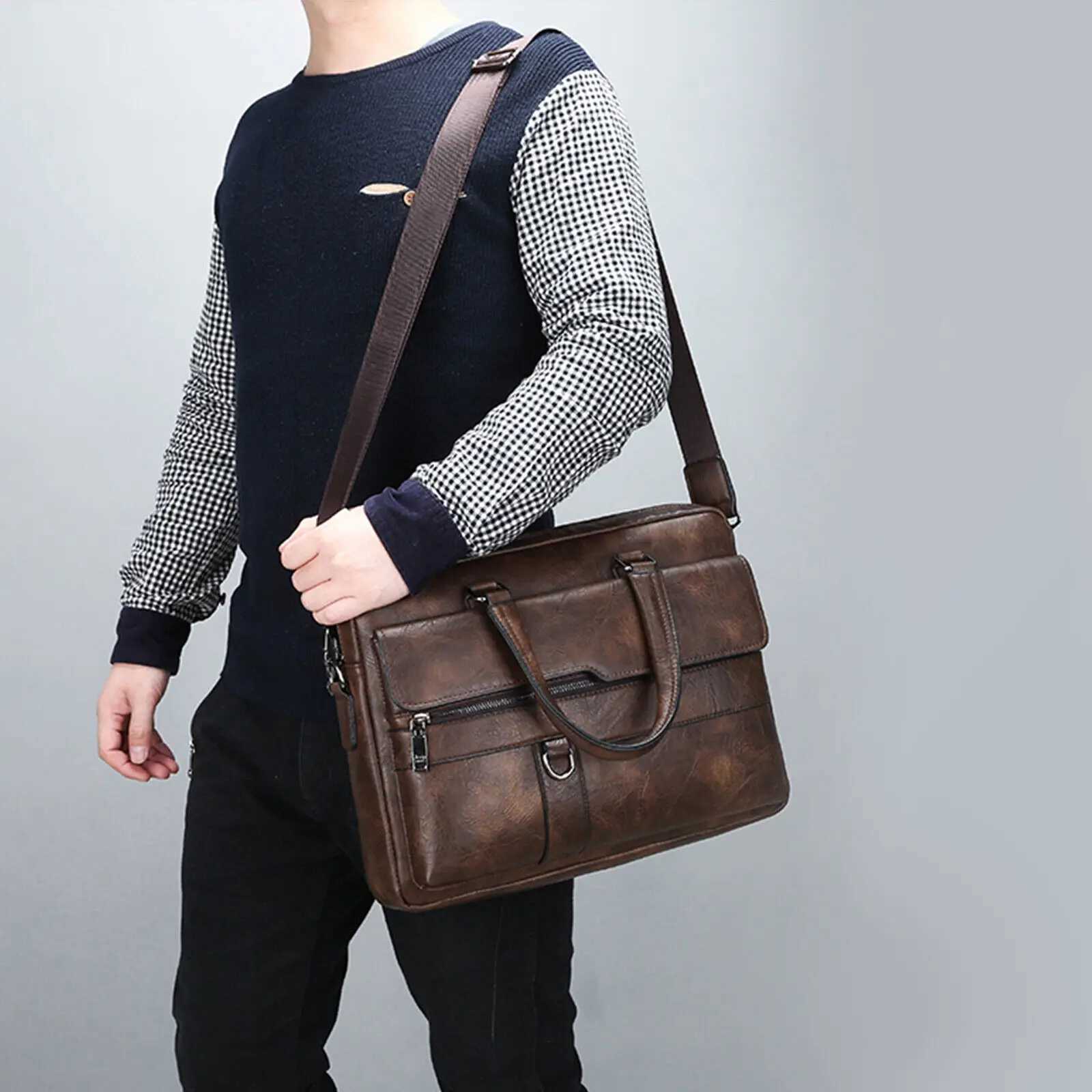 New mens briefcase classic PU leather business handbag mens cross body shoulder bag laptop bag Z250421-1