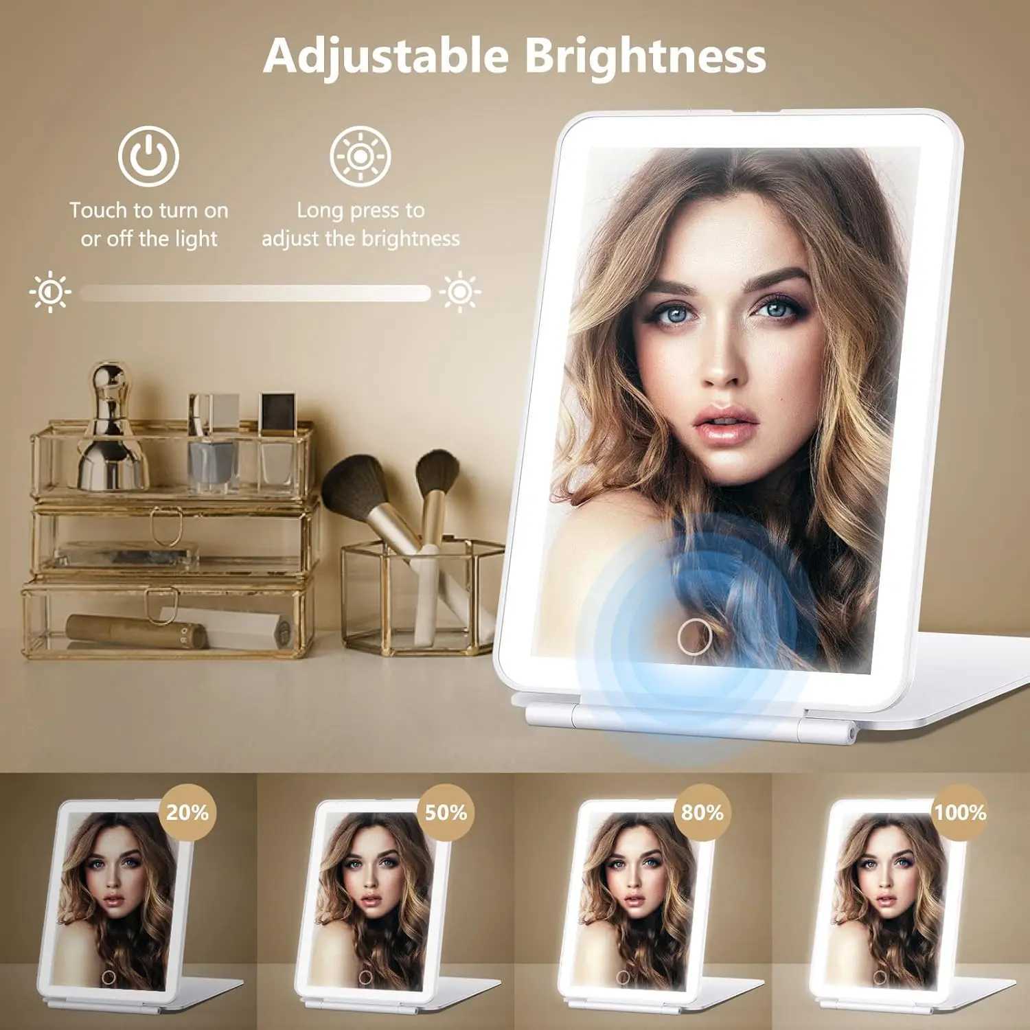 LED Foldable Travel Makeup Mirror 3 Colors Light Modes USB Rechargeable Touch Screen Portable Tabletop Cosmetic Mirror Handheld M251122