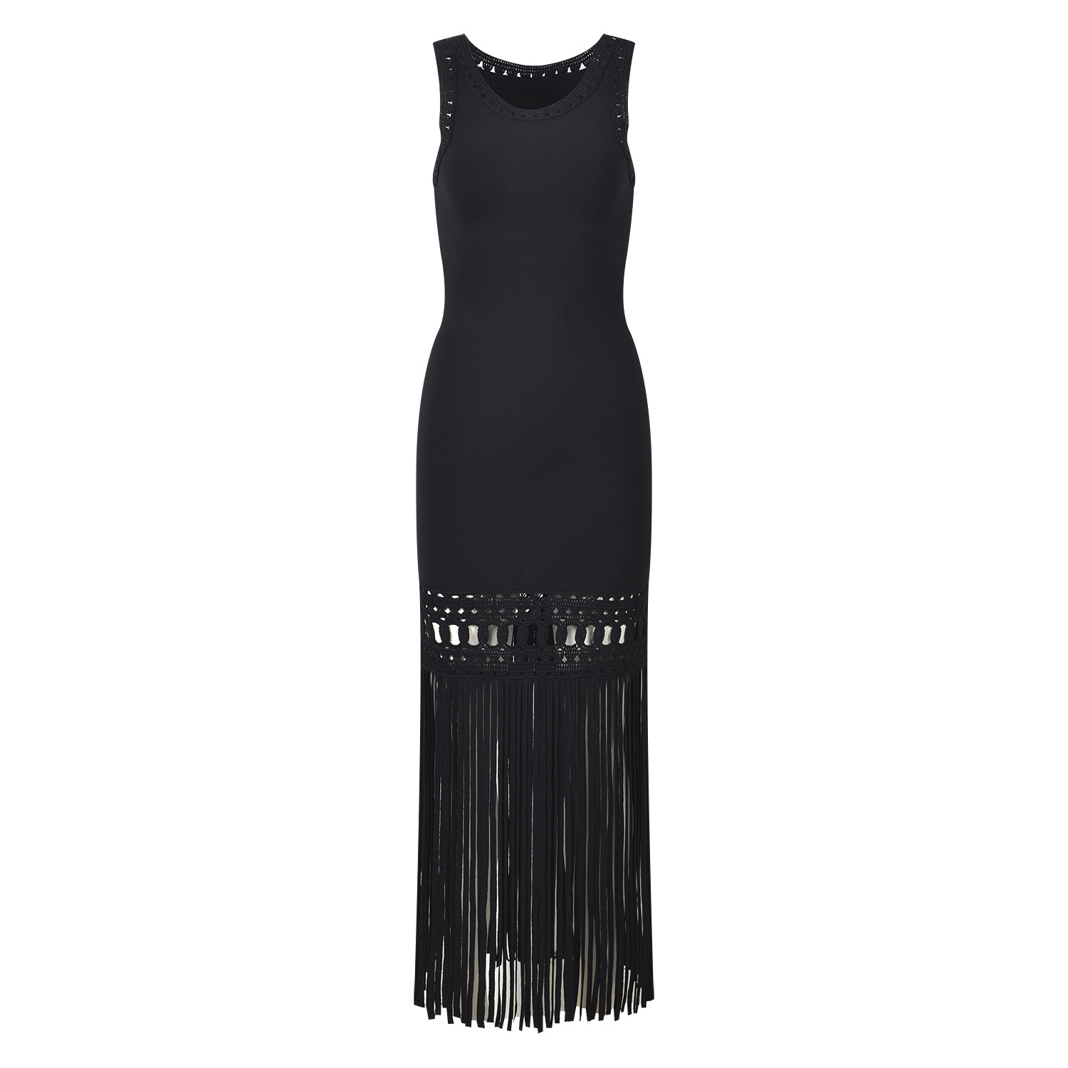 Black Fringe Knitted Dress New Arrival Sexy Bodycon Midi Dress with Hollow Out Design