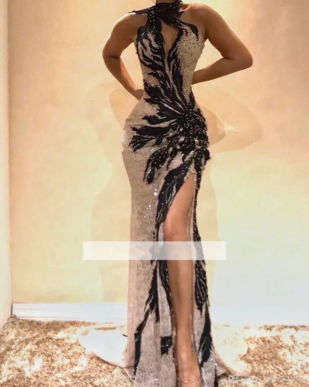 Split Side High Lace Mermaid Prom Dresses Keyhole Neck Crystal Beaded Backless Evening Gowns Hollow Out Front Celebrity Dress N22 B0312