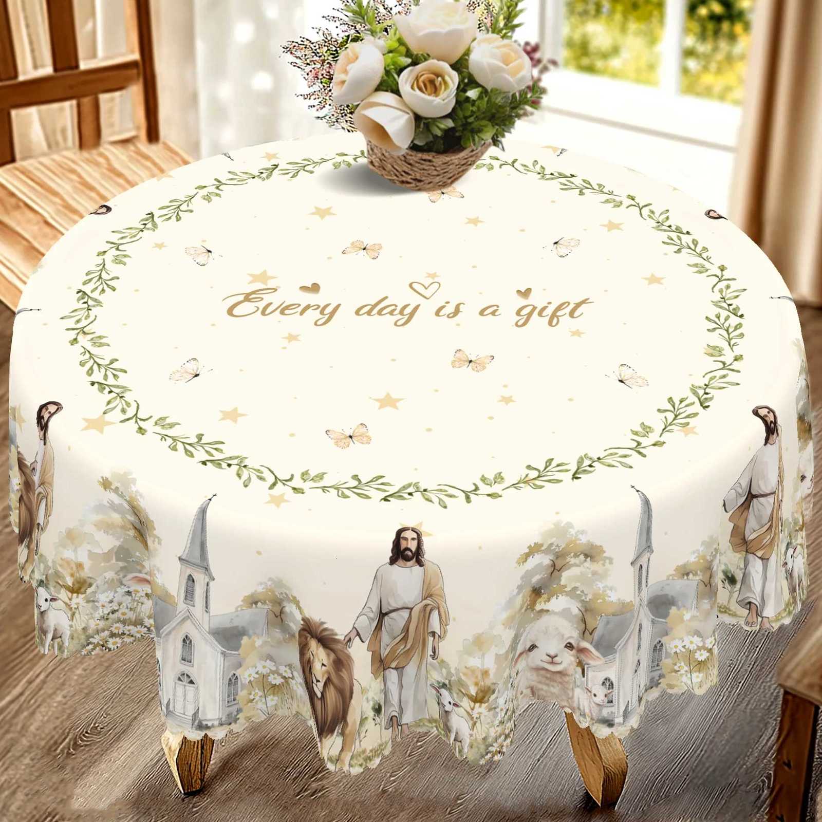 1 Piece Jesus Lion and Sheep Pattern Printed Polyester Tablecloth 4 SelfAdhesiveS tickersE mbossedE dgesS uitablef orH omeK itchenL ivingR oomD iningT